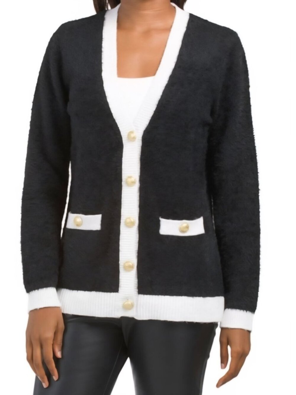 Tahari Black White Gold Button Fluffy Lady Jacket Cardigan Sweater Size S